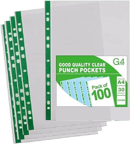 A4 Clear Poly Punched Pockets - Strong Filing Wallets, 30 Micron Sleeves.