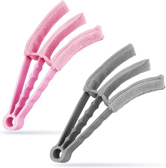 2 x Wet Dry Venetian Window Blind Cleaner Microfiber Brush 3 Pronged Washable Duster (Grey and Pink)