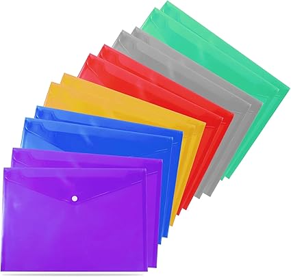 10 A4 / Foolscap Bright Transparent Popper Wallet/Paper Wallets - Assorted Colours