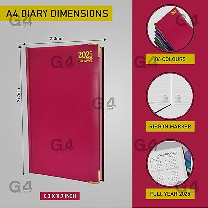 G4GADGET A4 Day A Page 2025 | Hardback Cover | Daily Planner with Note Sections | Professional and Durable (Pink)