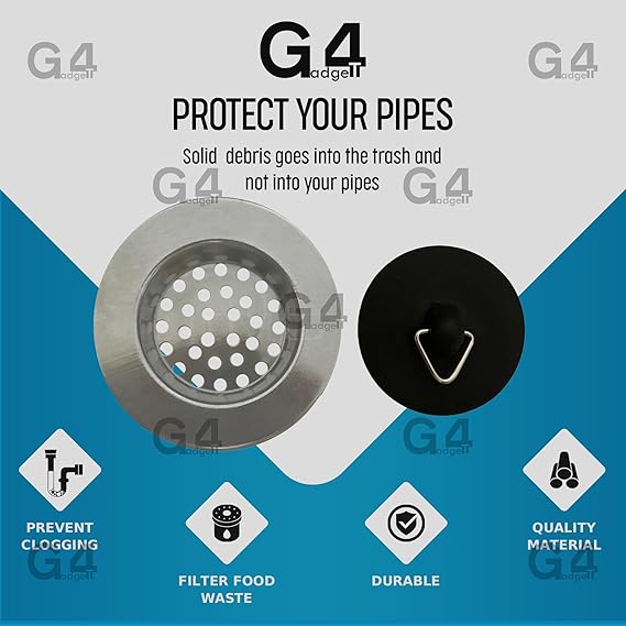 G4GADGET Stainless Steel Sink Strainer & Plug Set – Clog Prevention & Odor Control for Kitchen & Bathroom Drains, Silver