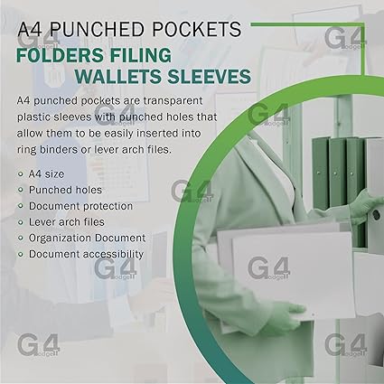 G4GADGET Pack of 50 A4 Clear Plastic Punch Punched Pockets Folders Filing Wallets Sleeves