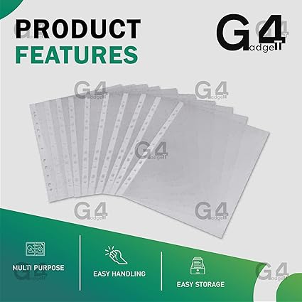 G4GADGET Pack of 50 A4 Clear Plastic Punch Punched Pockets Folders Filing Wallets Sleeves