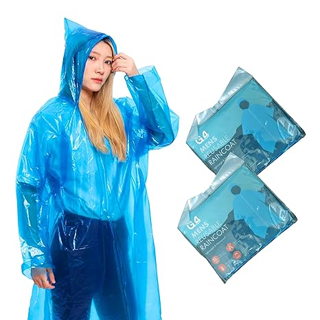 G4GADGET Blue Plastic Rain Poncho - Waterproof and Reusable Adult Raincoat - Lightweight and Portable Emergency Poncho for Men and Women