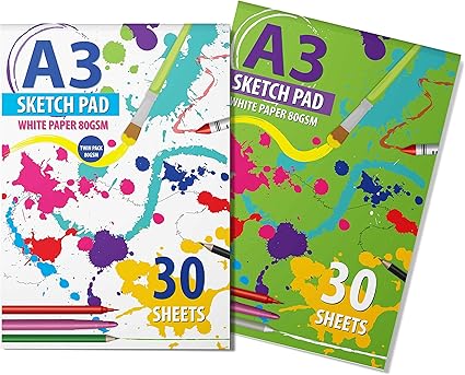 2 Packs of A3 Sketchbook Drawing Paper - Kids Coloring Book and Art Paper - Easy to Use Doodle Pad with 80 GSM 30 Sheets Each Total 60 Sheets