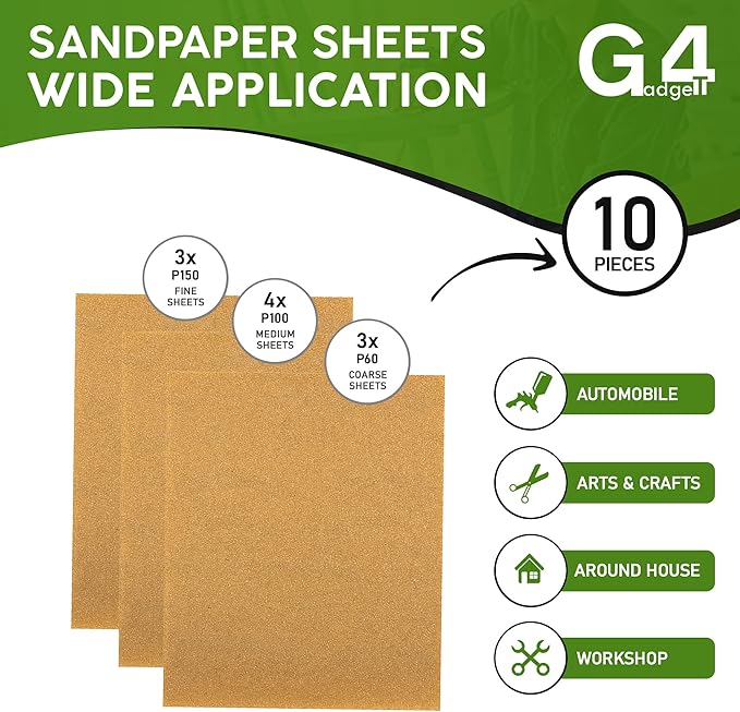 10 Assorted Sandpaper Sheets – Includes 3 Coarse, 4 Medium, and 3 Fine Grits – Ideal for Painting, Decorating, and DIY Home Projects.