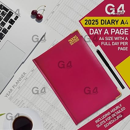 G4GADGET A4 Day A Page 2025 | Hardback Cover | Daily Planner with Note Sections | Professional and Durable (Pink)