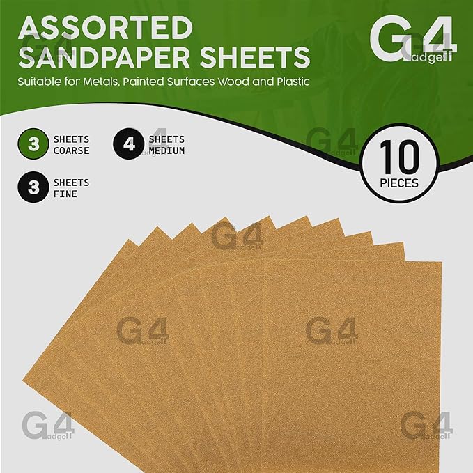 10 Assorted Sandpaper Sheets – Includes 3 Coarse, 4 Medium, and 3 Fine Grits – Ideal for Painting, Decorating, and DIY Home Projects.