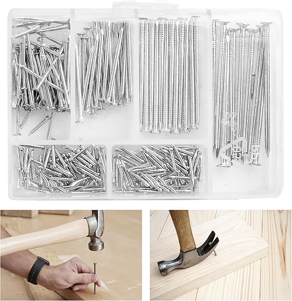 250 Pcs DIY ZIN Plated Steel Wood Carpentry Home Work Assorted Flat Head Nails