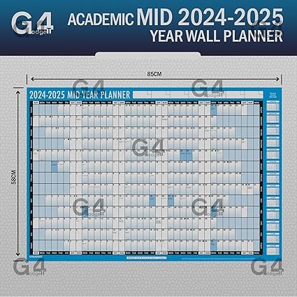 G4GADGET Academic Mid-Year Planner 2024-2025 | Large A1 Size (85cm x 58cm) | Non-Laminated Wall Calendar | 13-Month Planner with UK Holidays for Office, Home & School