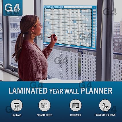 G4GADGET Academic Mid-Year Planner 2024-2025 | Large A1 Size (85cm x 58cm) | Non-Laminated Wall Calendar | 13-Month Planner with UK Holidays for Office, Home & School