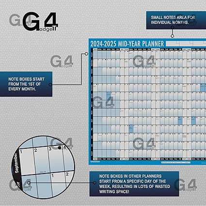 G4GADGET Academic Mid-Year Planner 2024-2025 | Large A1 Size (85cm x 58cm) | Non-Laminated Wall Calendar | 13-Month Planner with UK Holidays for Office, Home & School