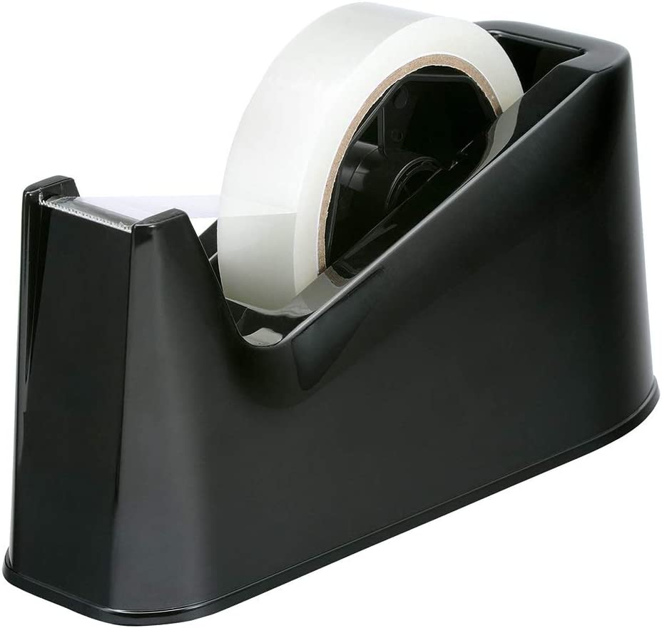 Heavy Duty Tape Dispenser - Weighted Non-Skid Base, Sharp Blade for One-Handed Use (Black)