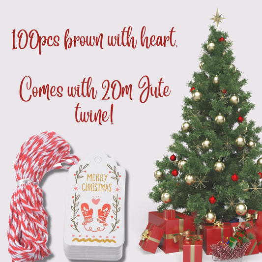 100pcs Kraft Tags with Heart - Red/White Christmas Design for Gifts & Labels.