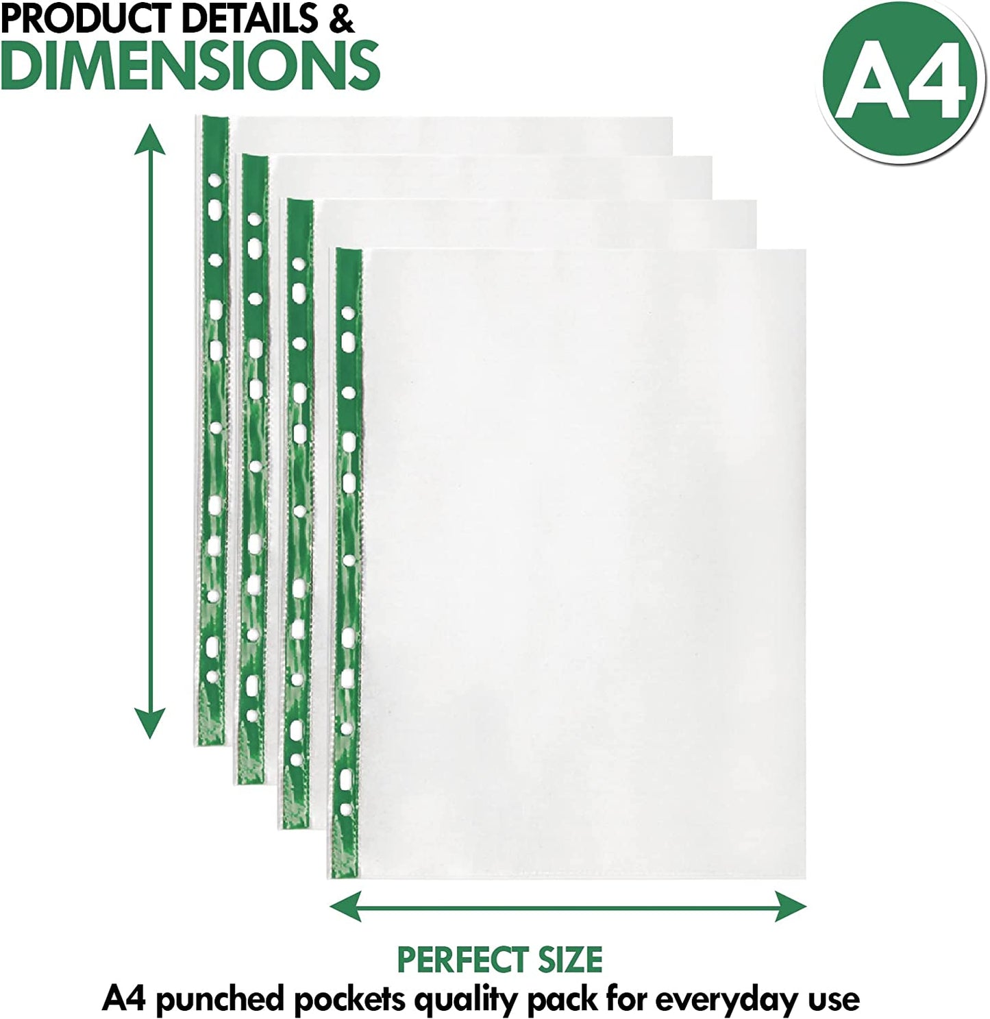 A4 Punched Pockets - 30 Micron, Holds 10-15 Sheets, for Folders & Filing.