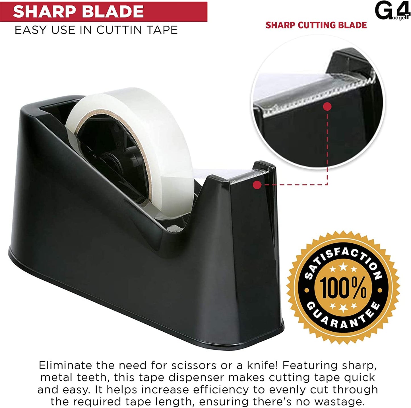 Heavy Duty Tape Dispenser - Weighted Non-Skid Base, Sharp Blade for One-Handed Use (Black)