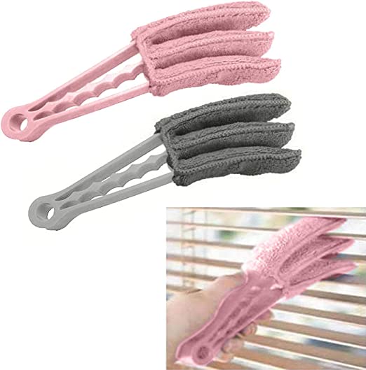 3-Pronged Microfiber Venetian Blind Cleaner - Wet/Dry Washable Duster (Grey & Pink)